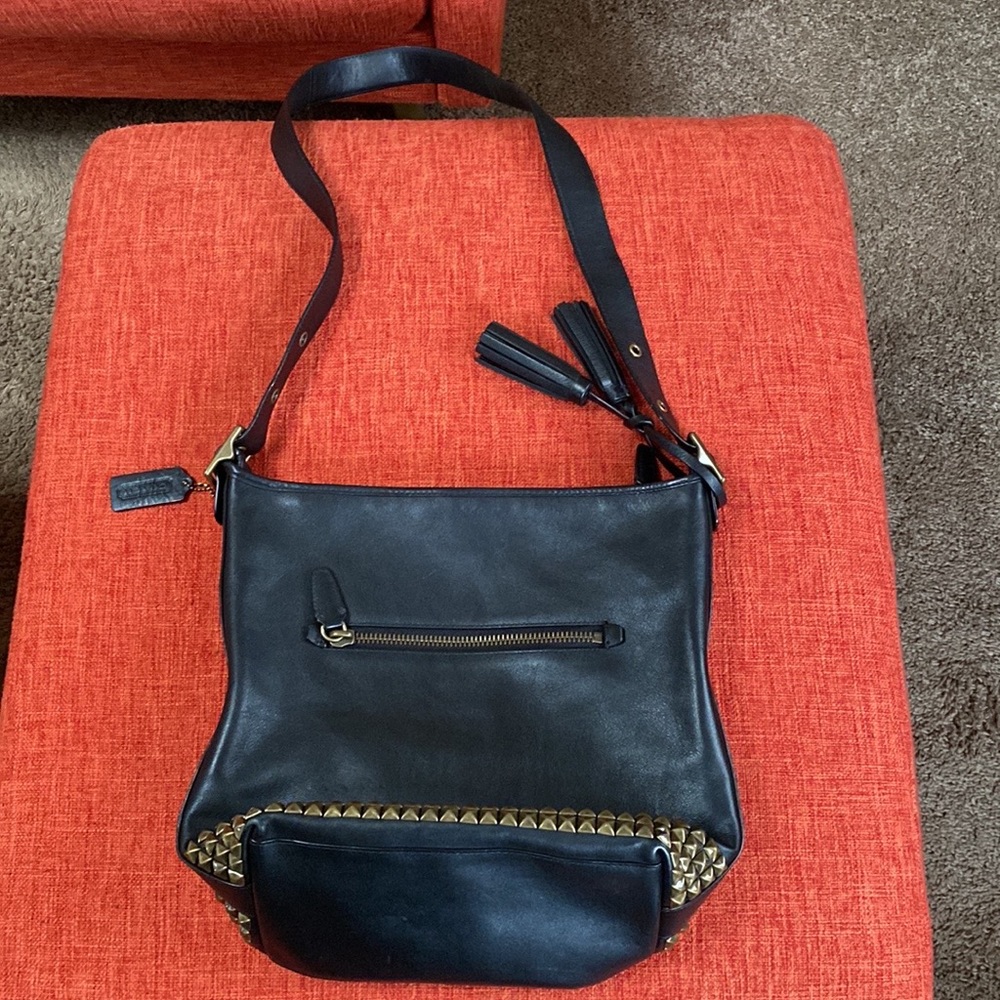 COACH Black Leather Legacy Studded Pyramid Stud Bucket Duffle Crossbody Bag - Picture 8 of 15
